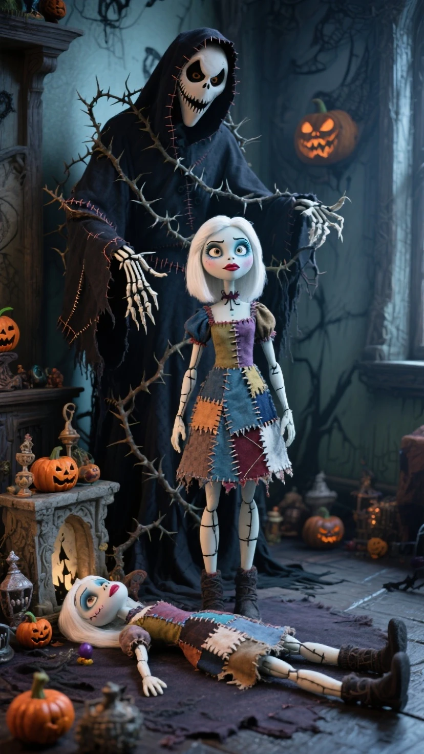 (knitted toy voodoo doll:1.7), (Voodoo Doll Fashion Designer:1.3), (Clothing: chic tailored suit with intricate embroidery:1.0), (Accessories: enchanted sketchbook emitting soft light, levitating fabric swatches:1.1), (background: stylish atelier with floating dress forms, glowing fabrics, and spectral scissors:1.2), best quality, masterpiece, detailed soft oil painting, detailed background, dramatic cinematic lighting, soft edge lighting, professional, dramatic lighting, hard edge lighting, ultra quality, 4k, masterpiece, best quality, 8k, ultra high definition, high resolution, extremely detailed