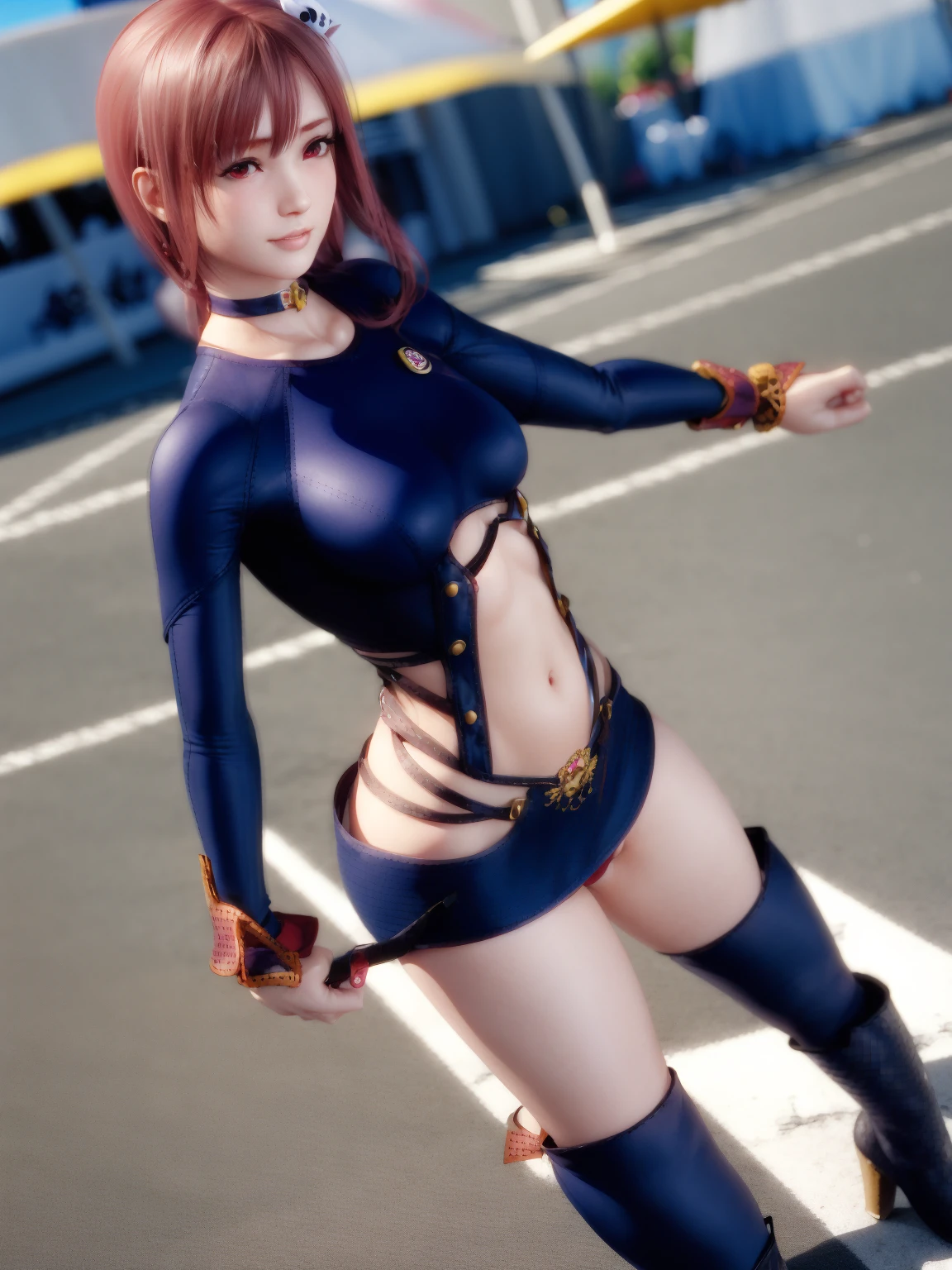 1girl, hyper realistic, hyper intrincate detailed,in toon anime mix, digital art, (Kirara Onizaki:1.) (cartoon character), cowboy shoot, full body, detailed background, stunning body, shaped latex custom attire, black latex, curvy muscular body, large breasts, huge breasts. Full body cinematic poster cartel