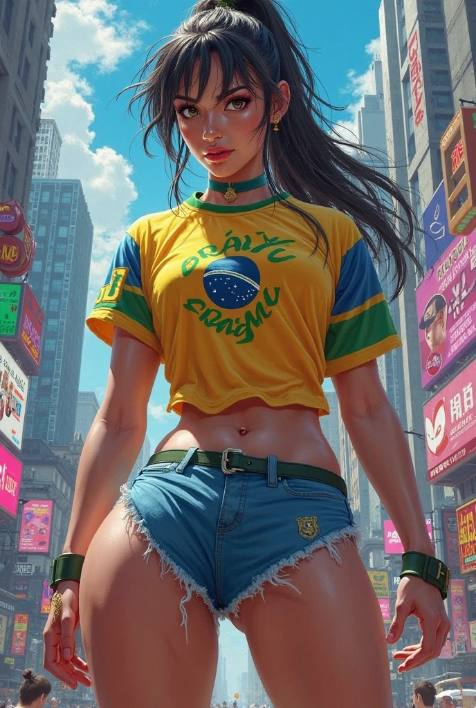 perfect eyes:1.2, detailed eyes:1.4, smile, laurams, dark skin, asymmetrical hair, cornrows:1, crop top, brown eyes, denim shorts, no bra, navel, denim, cropped shirt, midriff, t-shirt, cowboy shot, 1girl, solo, (masterpiece:1.6, best quality), 8k, insane details, intricate details, hyperdetailed, hyper quality, high detail, ultra detailed, professional, HDR, ray tracing reflection, cinematic lighting,