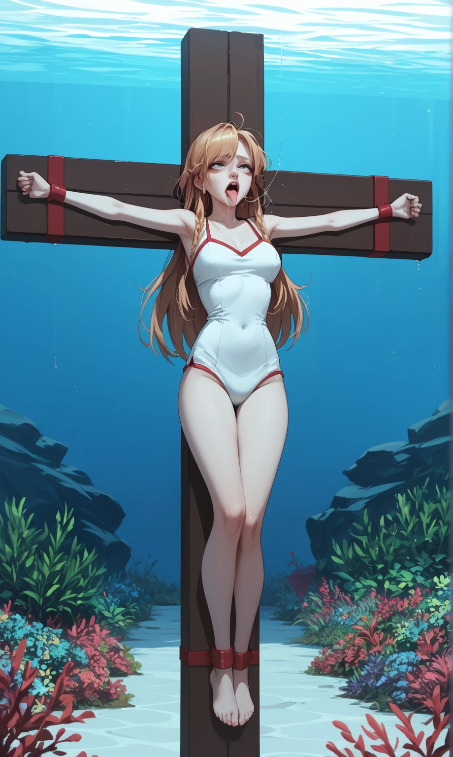 highest quality,masterpiece,UHD, Super detailed, 8K,(Beautiful woman),一人のBeautiful woman,((crucifixion)),cross,(execution),incontinence,scared,torture,slave,((crossにcrucifixionにされた女性:1.5)),Nami