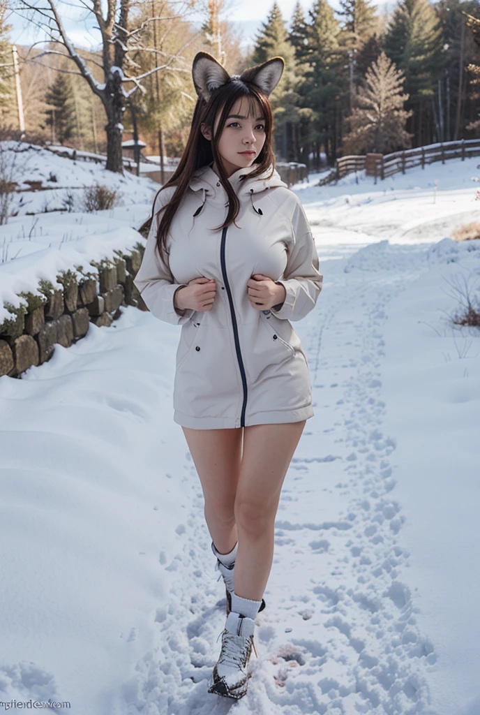 Thick redhead girl, sexy winter clothes, on the snow