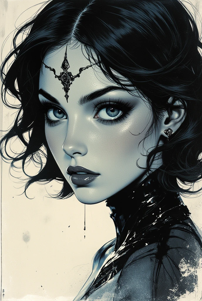 helenparr as raven goth woman, detailed eyes, detailed face, detailed skin,mature body, tall body,seductive body,medium big , medium thigh,  circular colored smoke, waves of shadows at night, abstract skull ornaments, soft colors, flat 4d street art in the style of adrian ghenie, esao andrews, jenny saville , edward hopper, surrealism, james jean dark, takato yamamoto, inkpunk minimalism, , detailed symmetrical brown eyes with circular iris, seamless geometric pattern harmony, luminogram, iron gall ink, art by Russ Mills, Sakimichan,, by GIlSam -paio octane rendering depicting innovation and truth, 8k, by Lee Jeffries, depth - Gs studio