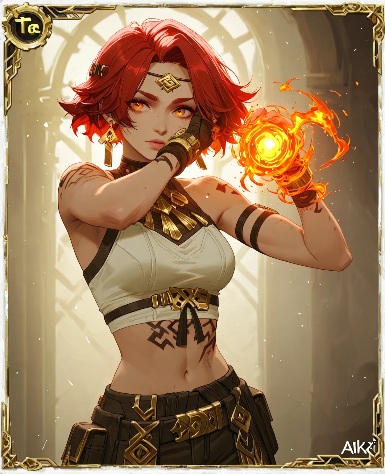 Ultra High Definition, detalhes intrincados, hiperdetalhado, ((guerreira madura crop top, lusciousness, NSFW sorridente , Tatuado, crop top armor , manopla, cabelos muito longos, lips, Olhos cinzentos)), Stands boldly in a fighting stance, , , Arte de Dusan Markovic, espadas altamente detalhadas, magia altamente detalhada, rostos altamente detalhados,