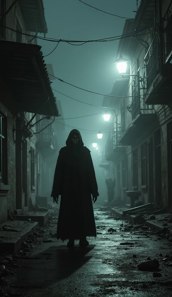 A dark, eerie landscape set in a desolate, post-apocalyptic world. The central figure is a man with a sinister, lost expression, wearing black, tattered robes that blend into the shadows around him. His eyes glow faintly with an unsettling red light, and faint, twisted symbols are visible on his skin. He wanders aimlessly through the barren wasteland, surrounded by the remnants of a once-thriving city now reduced to rubble and decay. The sky above is ominous, filled with swirling dark clouds and streaks of lightning, reflecting the chaos and despair within him. The atmosphere is heavy, conveying a sense of doom, confusion, and the absence of hope as the figure seems to be searching for something that remains out of reach.