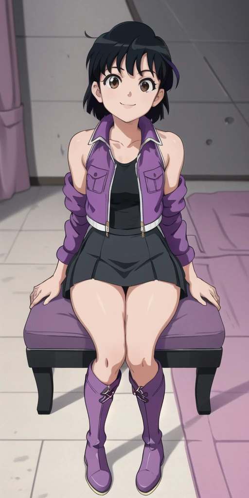 masterpiece, Highest quality, High resolution, 1woman, Close-up of a woman with long purple hair, Brown eyed woman, solo, Big Breasts, had very large breasts, Made by Anime Artist Studio, Boobs, clothing:Purple leotard, A woman is standing, leotard with an purple, Anime Style, Muscular Woman, feminine and muscular, Skin-tight leotards, tall, High school girls, Adult sex appeal, Wore pantyhose, Anime dick!!!!, Skin tight pantyhose, leotard top with an tank top, leotard bottom with an high leg,pantyhose with an brown, Bare shoulders, Bare Arms, Leotard and pantyhose only, Cowboy Shot, looking at viewer, Female focus,