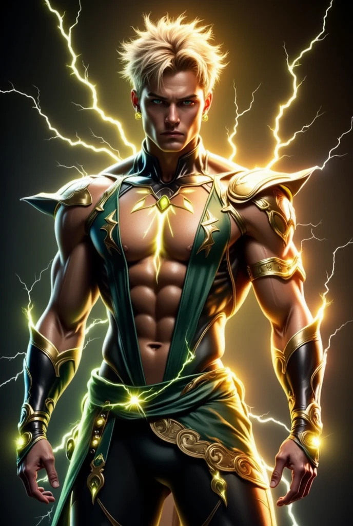 Sorcerer, magician, man, Beautiful, blonde, curly hair, green eyes, magic scepter, power, 8k, intricate details, super detailed, cinematic lighting, defined body, transparent shirt --auto --s2