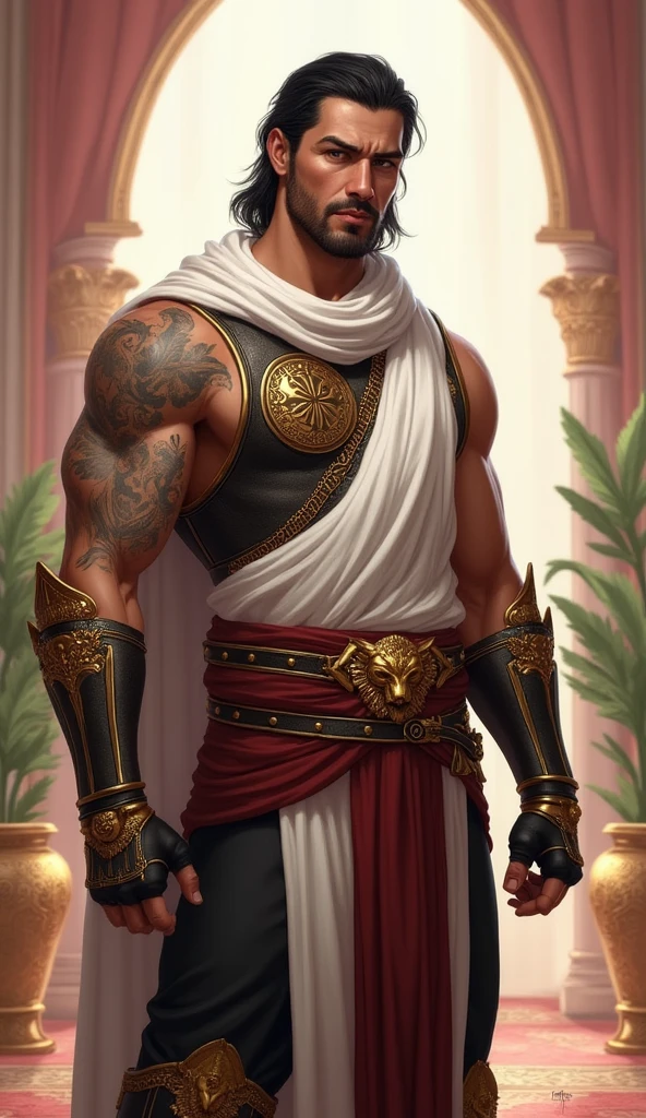 **Model Description:**

The model is a male elf  figure with a muscular build. His skin tone is depicted as dark, likely representing a person of color. He has a broad chest and defined arms, emphasizing his strength and physical presence. His facial features are not fully visible, but his overall silhouette suggests a confident and commanding demeanor.

**Outfit Description:**

The outfit is a blend of traditional and stylized elements, possibly inspired by ancient Middle Eastern or North African cultures. It consists of several pieces:

* **Top:** The model wears a sleeveless vest or tunic with a plunging neckline, revealing his muscular upper body. The vest is adorned with intricate gold detailing, suggesting a high-status or regal position.
* **Bottom:** He wears a long, flowing skirt or dhoti, reaching his ankles. The skirt is a deep blue color and appears to have a draped or layered effect, creating a sense of movement and elegance.
* **Accessories:** The model's waist is cinched with a wide, gold belt, further emphasizing his muscular physique. He also wears a pair of sandals, likely made of leather or cloth.

Overall, the outfit conveys a sense of luxury, power, and sophistication. The combination of traditional elements and modern styling creates a unique and visually appealing look.
.

2d fashion design style of picture.