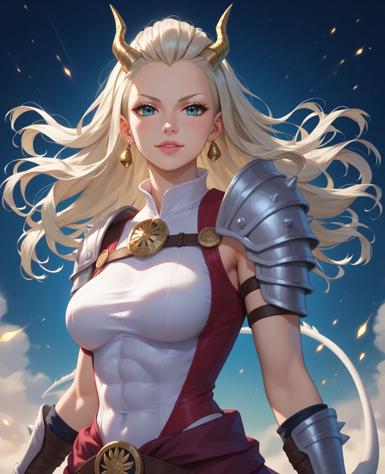 Solo, best quality, woman tanned skin, long curly hair,white hair,curly hair, yellow eyes, white wolf ears, medieval barbarian clothes, looking at the viewer, menacing smile, sharp teeth, detailed village background, barbarian skirt, thick thighs,neckline, holding a war axe, no ears
