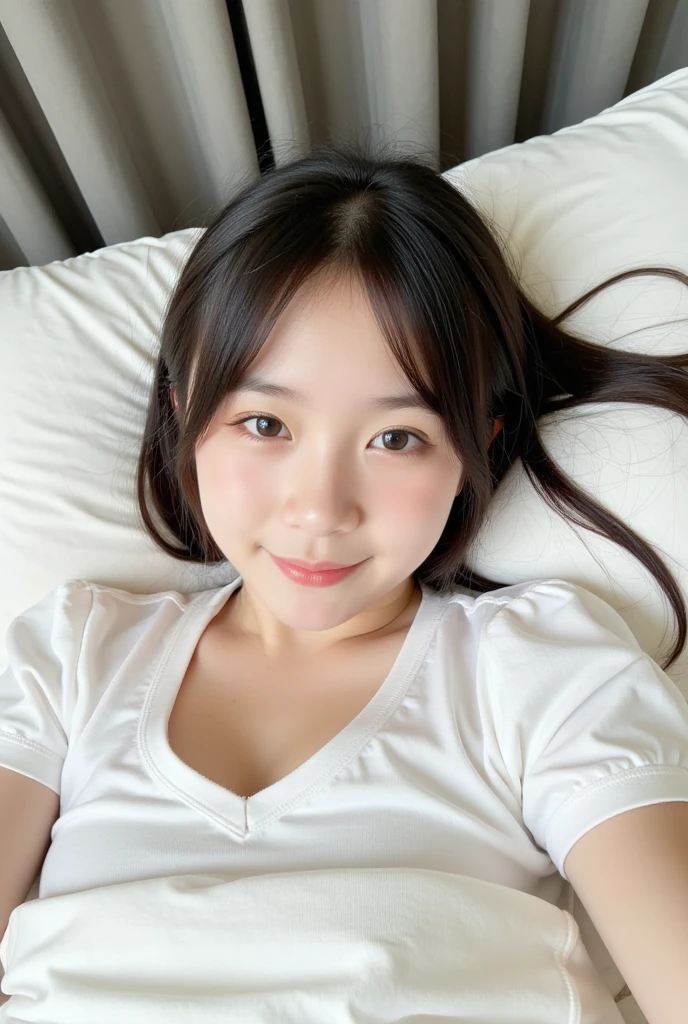 One girl, cute, Sleep, close your eyes, (freckles:0.2), Lying in bed, Put your head on the pillow, Bedroom, Detailed Background, indoor, employment, (Realistic:1.4), (In the Dark, Deep Shadow,Modest:1.1), Diffused, natural skin glow, Diffused dark light, Wide Shot