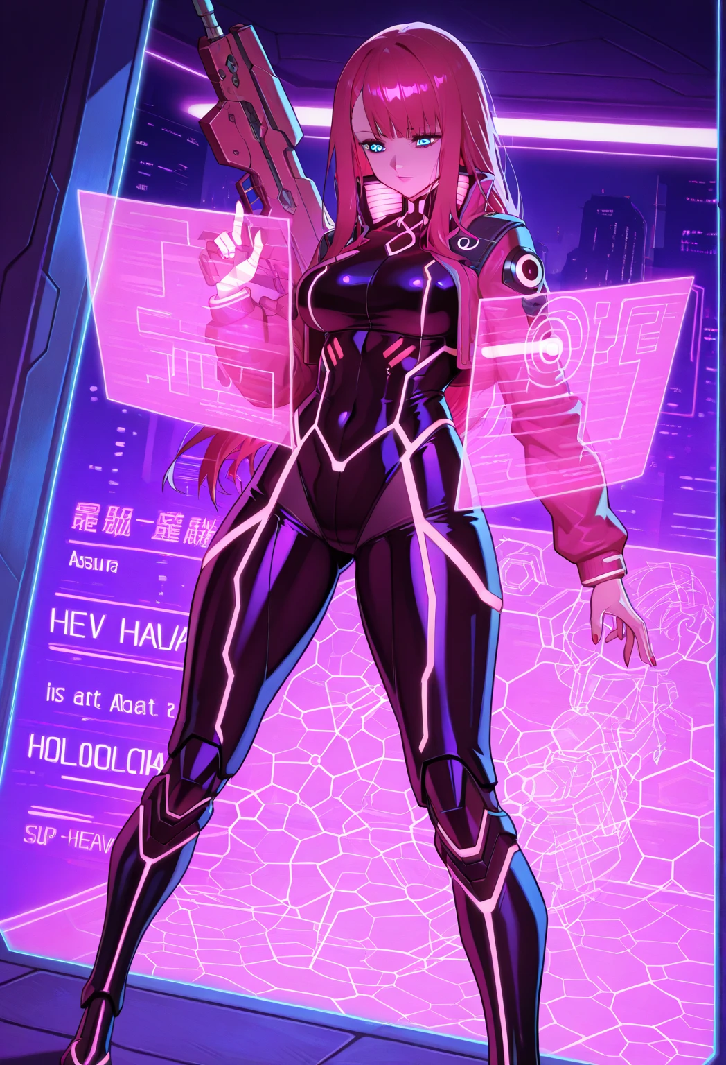 upper body, 1girl, (complex ultra detailed of a demon woman, small breasts, muscles, (wearing see-through holographic prismatic latex exoskeleton trenchcoat:1.5)), (solo) (1girl), (beautifully drawn face:1.2), intricate details, glowing red eyes [boku no hero academia], evil smile, (long red hair ponytail:1.3), dynamic pose, BREAK
(dynamic pose in damp complicated basement full of computers and wires and screens and machinery:1.3) stained glass nails BREAK
illustration, ((masterpiece:1.2, best quality)), 4k, ultra detailed, octane render, directional lighting, realistic shadows, volumetric lighting, highly detailed, high quality, solo, (sketch:1.2) (style-keta:0.78), (qrx:0.51),gbf <lora:epiNoiseoffset_v2:1.7> dark studio, rim lighting, two tone lighting, dimly lit, low key,