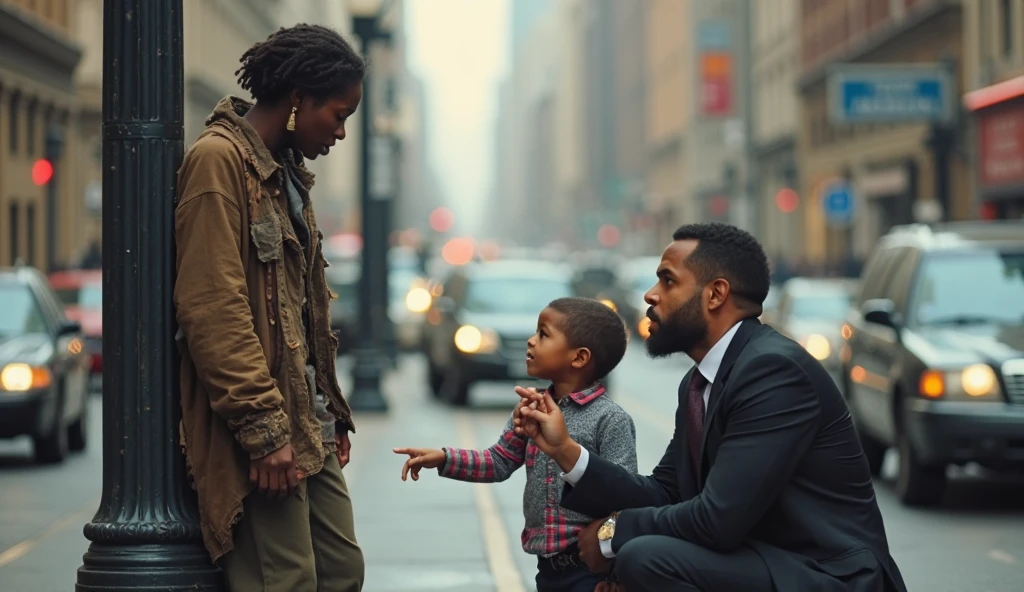 Man give food to black kids survive on street with traffic background