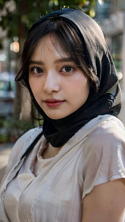 there is a young girl wearing a white hijab and a black bow,