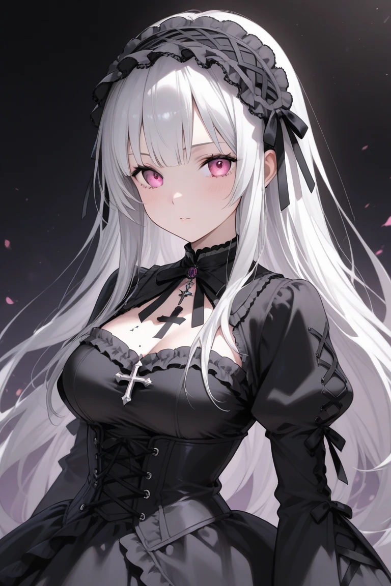 (Limited edition palette), Highest quality, (((masterpiece))), (((Beautiful detailed hair))), (((Beautifully detailed skin))), alone, , young, change, (((Gray Hair))), Red eyes, (mascara), Blunt bangs, ((Hair above the eyes)), Long Hair, Big Breasts, Ruffled White Dresses, White frills, Too much decoration, Rose, Noble, loyal, Bride's Hair, (((Eye focus))), (((Expressionless))), The background is blurred, Hollow Eyes, Hollow Eyes, (Red Theme), Bedroom Background, Displaying the viewer, (((Tie your hair up))), (((night))), Half-closed eyes, close, (((hair ornaments))), Upright body, Neatly cut bangs, Hair braided at the back of the head, Sleeveless dress,