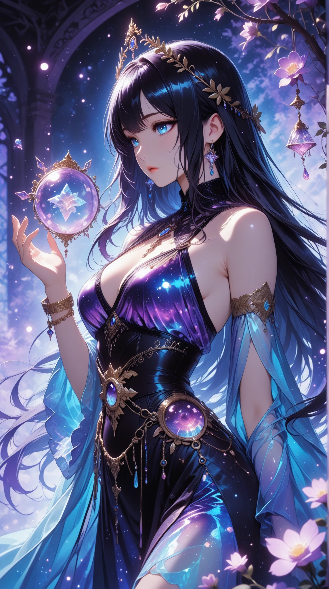 Obra maestra, La mejor calidad, 1girl, with long, iridescent hair in purple tones, azul, y verde, con un elegante traje negro, standing in a dramatic pose with one hand on the hip and the other holding a magic crystal ball. en segundo plano, A swirl of light and energy adds to the mysterious and enchanting atmosphere of the scene... Cabello resplandeciente, cabello multicolor