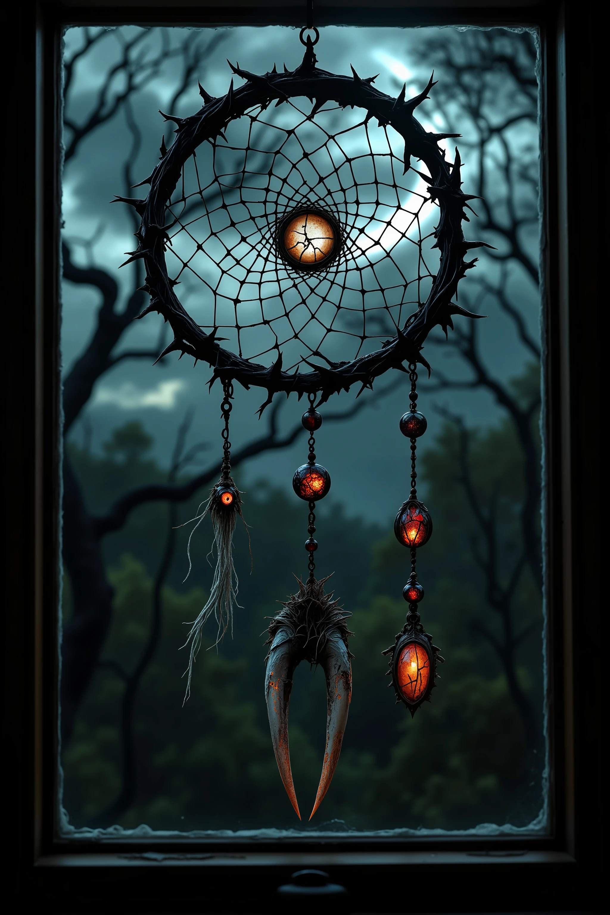 Dreamcatcher made of twisted black thorn branches with sharp bloodstained thorns, tightly woven web from silver-gray human hair, suspended elements: cracked glass beads shaped like eyes, two long human fangs with roots, corroded wolf claw with deep fractures, tiny mirror shard reflecting pale moonlight Hangs in attic window, behind it eerie night forest with crooked trees, dense clouds, crescent moon, strange shadows shifting through branches. Style of fantastic hyperrealism with dark baroque, surreal symbolism, organic horror, macro still-life composition. Color palette: muddy brown, charred black, green, venom red, faint phosphorescent blue. Lighting: strong cold moonlight casting dramatic shadows, emphasis on texture and eerie beauty. hyperrealistic render, intricate details, studio-style composition, high resolution, cinematic, ultra contrast, mysterious mood, eerie realism, organic material study
