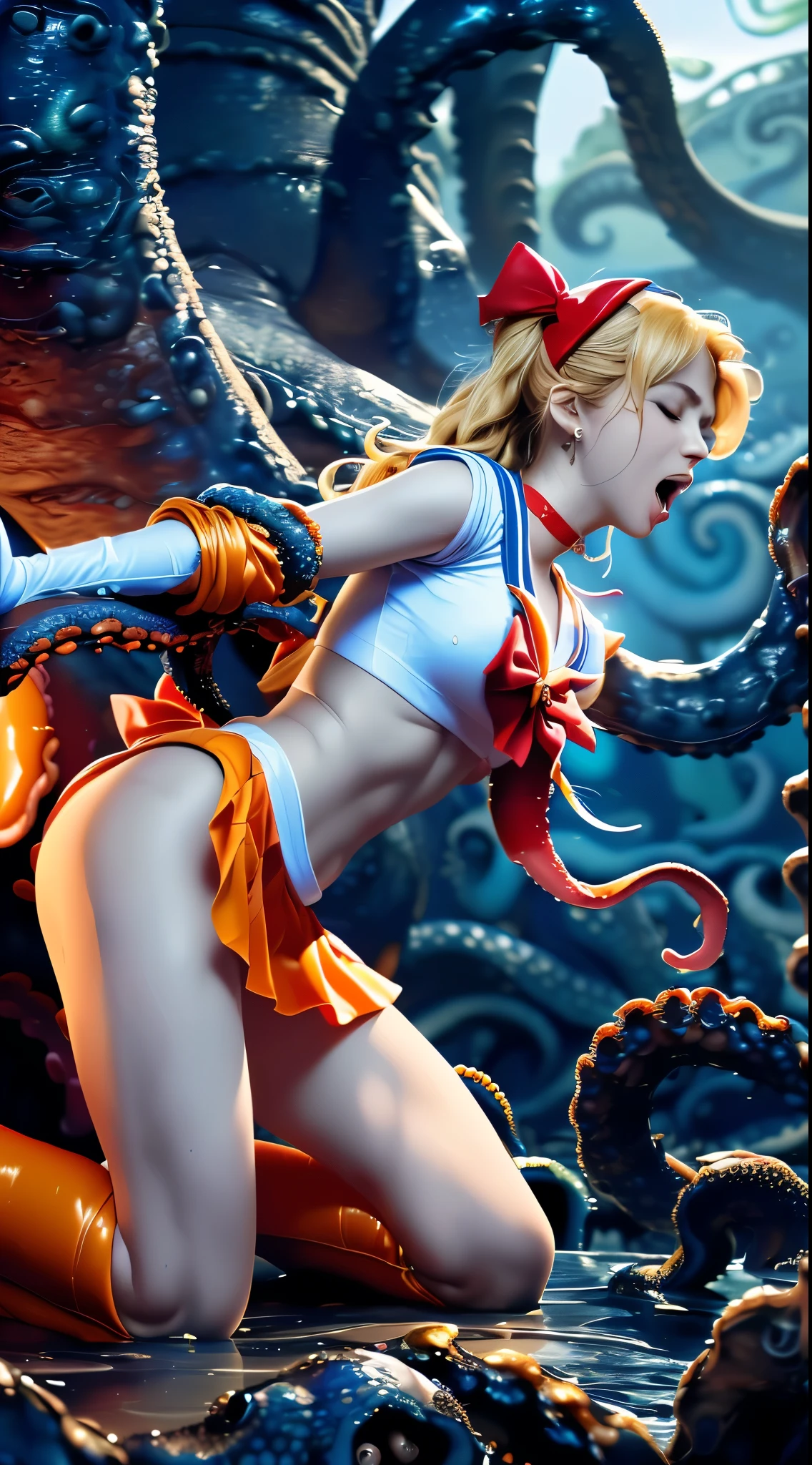 (A hyper realistic Sailor Moon (portrayed by cate Blanchett, age 25, golden hair let down waist length, torn clothing) is on a moonlit beach, struggling, tentacle sex, anal sex, tentacles restrain her arms and legs, tentacles tear at her clothes (demonic tentacle beasts erupt from the sand and sea near her, huge tentacles, slimy tentacles, fluorescent glow) (show her entire body, show all of her)