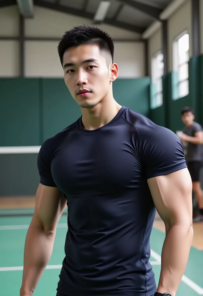 masterpiece, (Handsome boy), Thick arms, gray eyes, alone, (huge pecs), abdominal muscles, shorts, (sleeveless black shirt), in bedroom, rainbow 5, dark skinned male