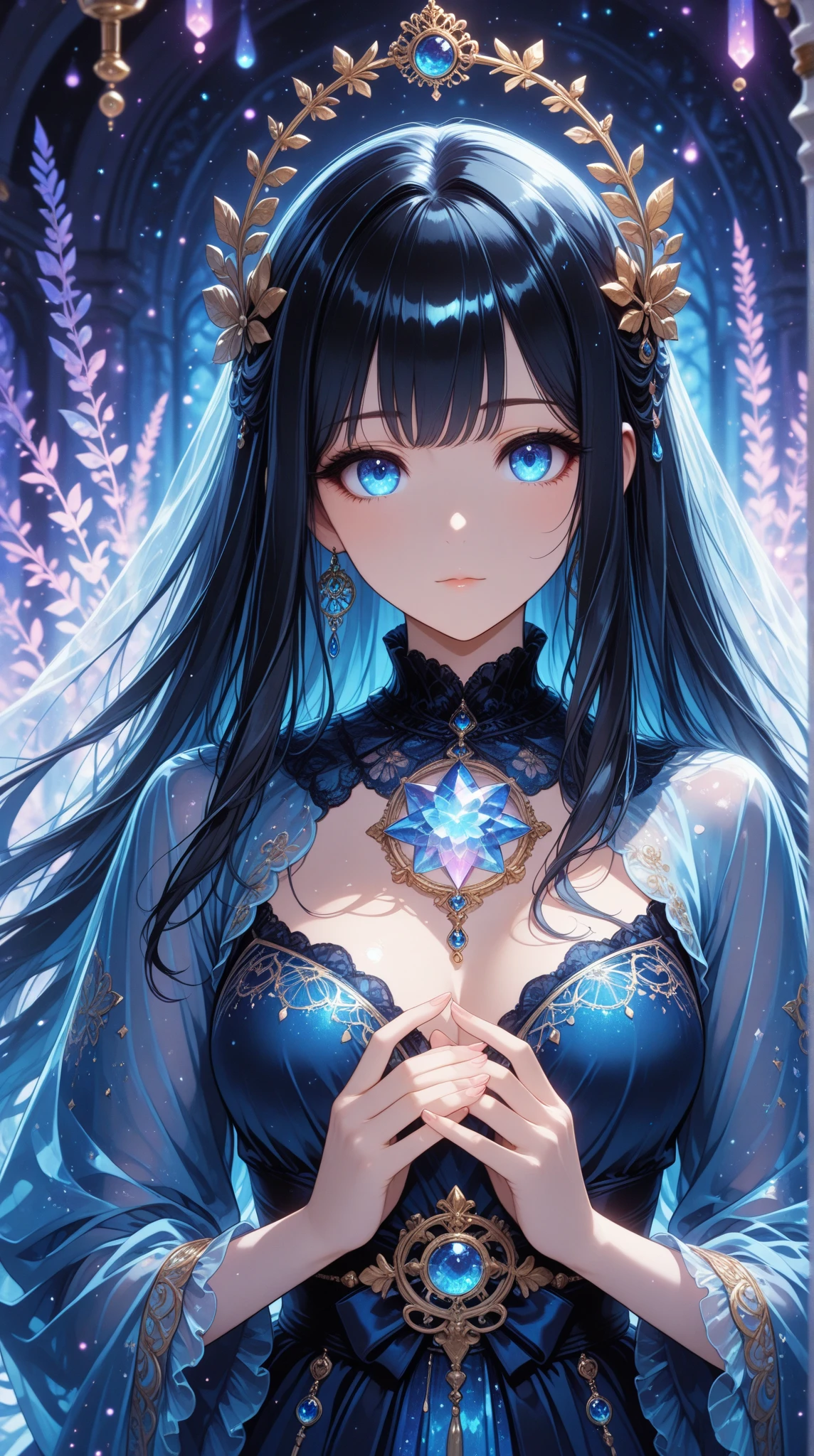 1girl, beautiful detailed eyes, beautiful detailed lips, extremely detailed face, long eyelashes, kawaii aesthetic, blue eyes, black hair with bangs, starry night sky, fantasy, cosmic, ethereal, dreamlike, vibrant colors, glowing, cinematic lighting, 8k, high resolution, intricate details, masterpiece