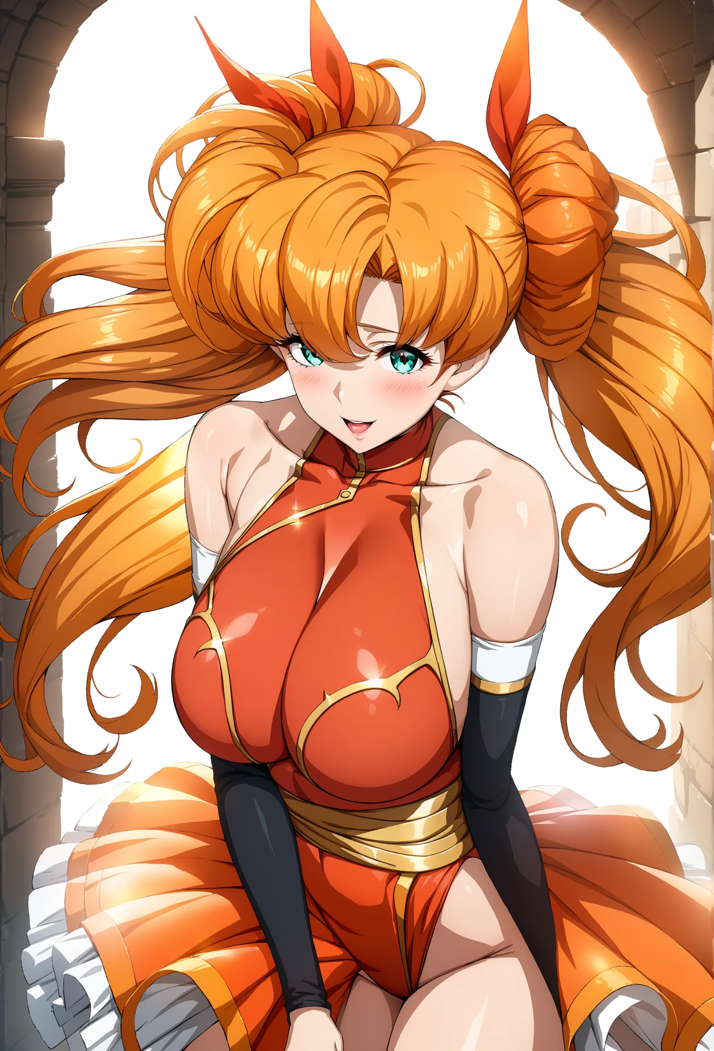elf girl, big breasts, with exotic orange clothing, Orange hair, amber eyes, anime style