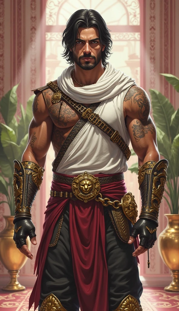 character portrait painting including full-length body image, huge muscular physique, handsome bald Jamaican, longshot, naked male in Arabian Nights costume, visible alien tattoos on huge muscular thighs chest and shoulders, loos elaborate kimono-style skirt, green pink gold, a magical symbol woven in gold thread into his clothing, action hero, intricate and detailed drawing