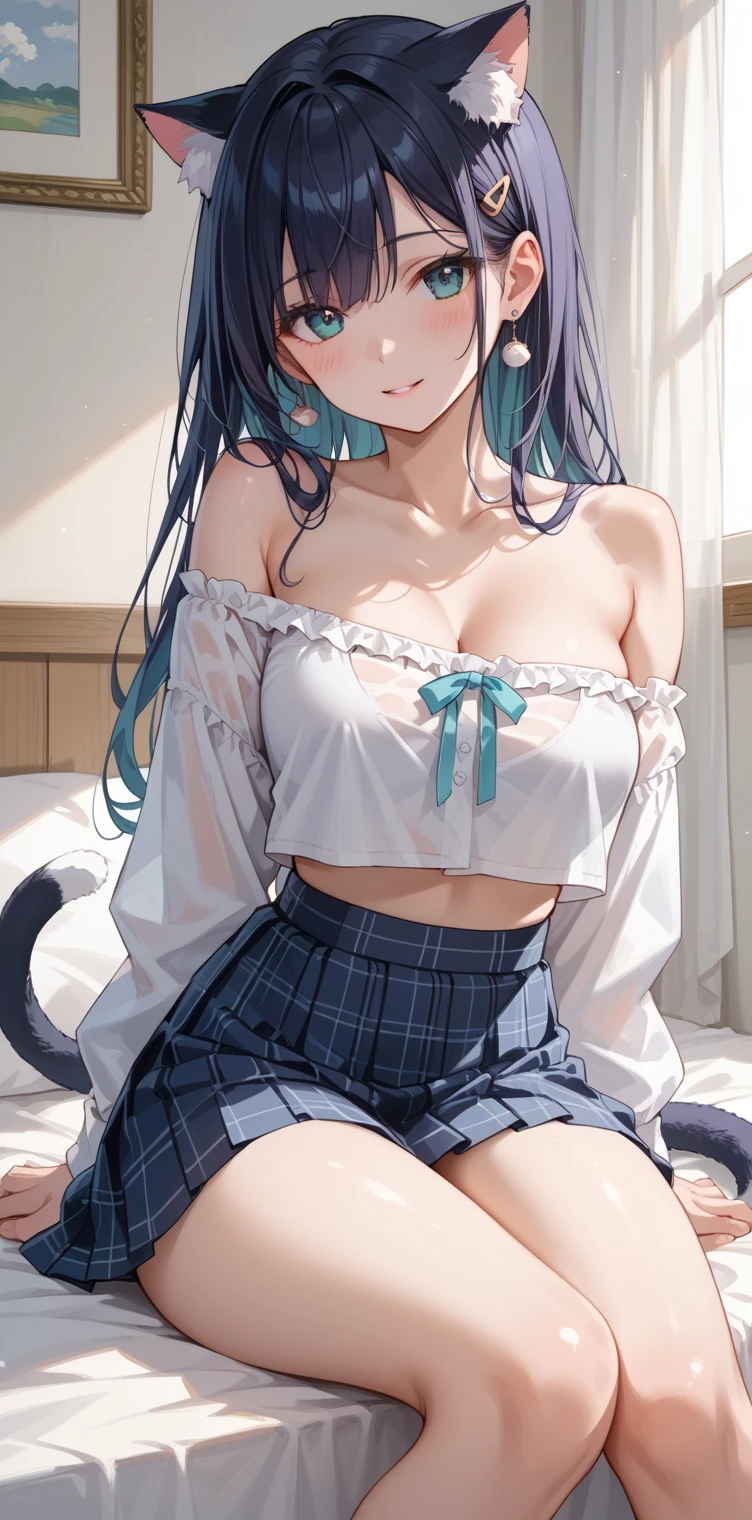 (Best quality, 8k, 32k, Masterpiece, UHD,:1.2),RAW, 1girl,ultra cute , natural lighting,transparent shining eyes, 20yo ,fair complexion, long hair, french braid, flushed face,femur, pale blue hair, cat ear, long hair, side braid, ((pale blue bra and panties:1.3)), all fours, From Below, medium breast, Emphasizing the Cleavage, seductive, sexy, lace trim, lace Details, nude, naked, on bed, shiny, wedgie, heart mark, ((cat tail))