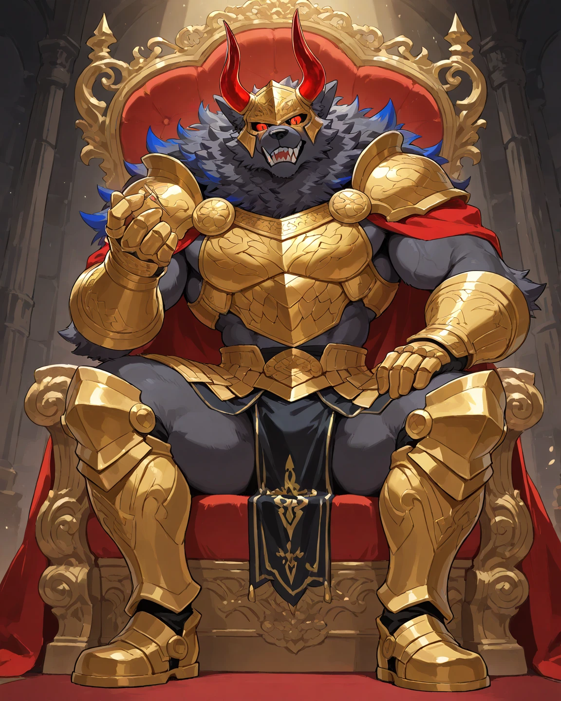 By Taran Fiddler, solo, dragon, male, bright golden scales, large horns, spikes, chest hair, sitting, on throne, throne room, king, regal, crown, cape, bulge, loincloth, portrait, character focus