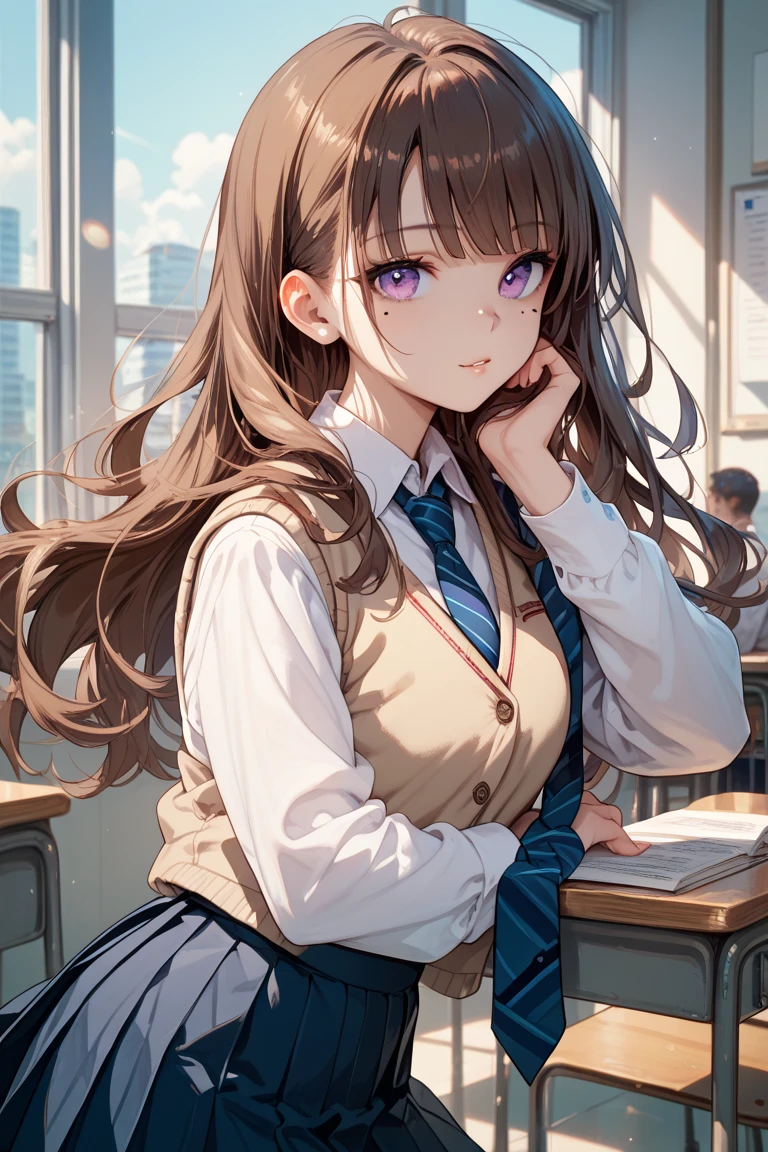 <lora:PovSideClass:0.7> PovSideClass, 1girl, solo, long hair, breasts, looking at viewer, blush, smile, bangs, skirt, large breasts, brown hair, shirt, bow, holding, sitting, closed mouth, school uniform, purple eyes, white shirt, short sleeves, thighs, pleated skirt, collared shirt, indoors, bowtie, from side, blue skirt, see-through, looking to the side, book, window, feet out of frame, blue bow, chair, desk, blue bowtie, pen, shirt tucked in, classroom, school desk, pencil, breast rest, on chair, notebook, school chair, holding pen