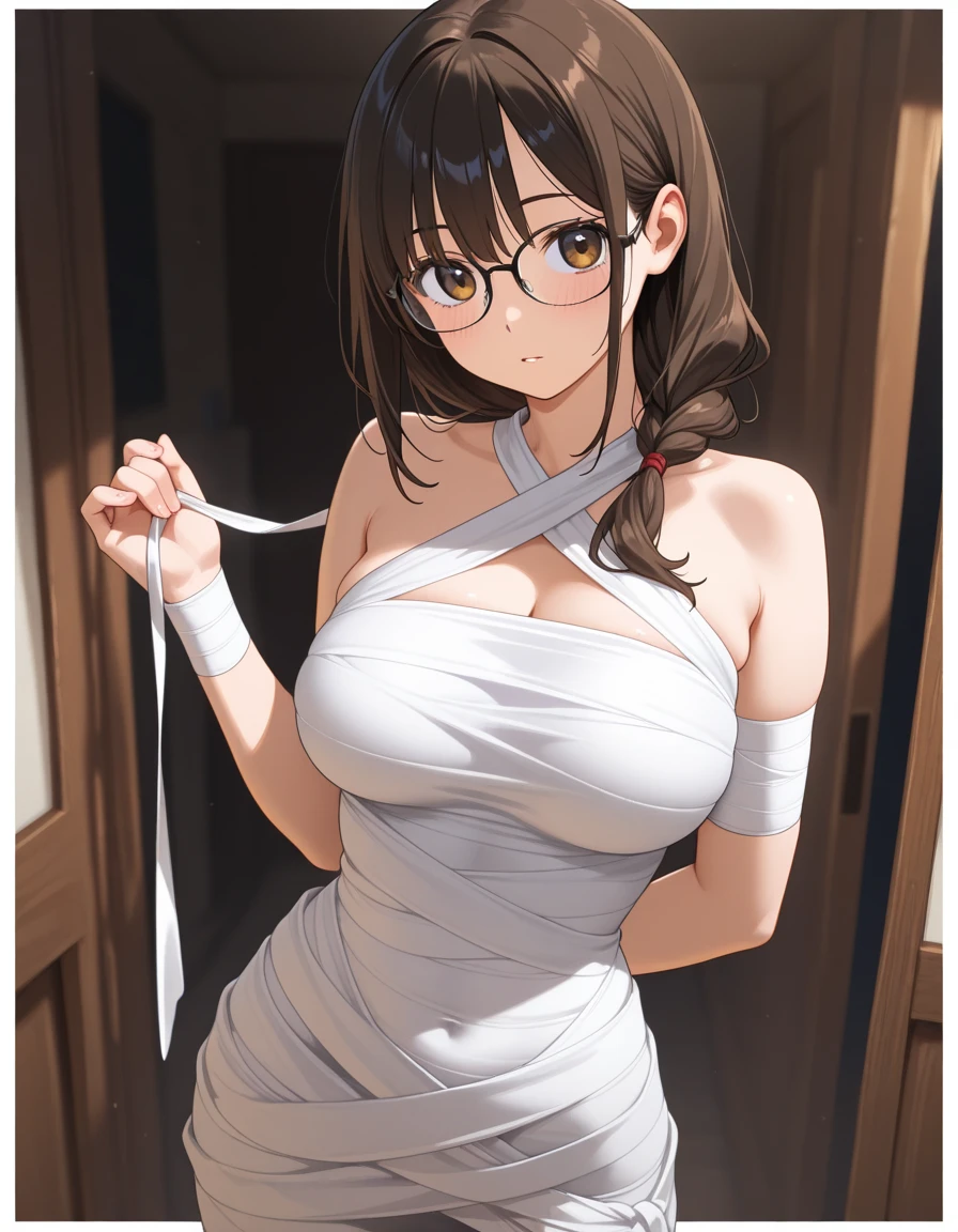 naked apron, Chisato Tsuyagawa, 1 girl, solitary, Glasses, 绿Eye, long hair,Silky skin, full hand, whole body, whole body图片,cleveage,clavicle, 1 girl, 25 years old,Young women,beautiful Finger,beautiful long legs,beautiful body,beautiful Nose,beautiful character design, perfect Eye, perfect Face,expressive Eye,Perfect balance, looking at the audience,(Focus on her Face),shut up, (Innocent_大Target_Eye:1.0),Light_Smile, Official Art,Very detailed CG unity 8k wallpaper, Perfect lighting,rich and colorful, bright_front_Face_Lighting,有Light澤的皮膚, (masterpiece:1.0),(the best_quality:1.0), Ultra-high resolution,4k,Very detailed, photography, 8K, HDR, high resolution, absurd:1.2, Kodak Portrait 400, Film Grain, Blurred background, Bokeh:1.2, 镜头Light晕, (Energetic_color:1.2),Professional photographer, (beautiful,Target_Chest:1.3), (beautiful_Face:1.5),(narrow_waist),Smile, Happy