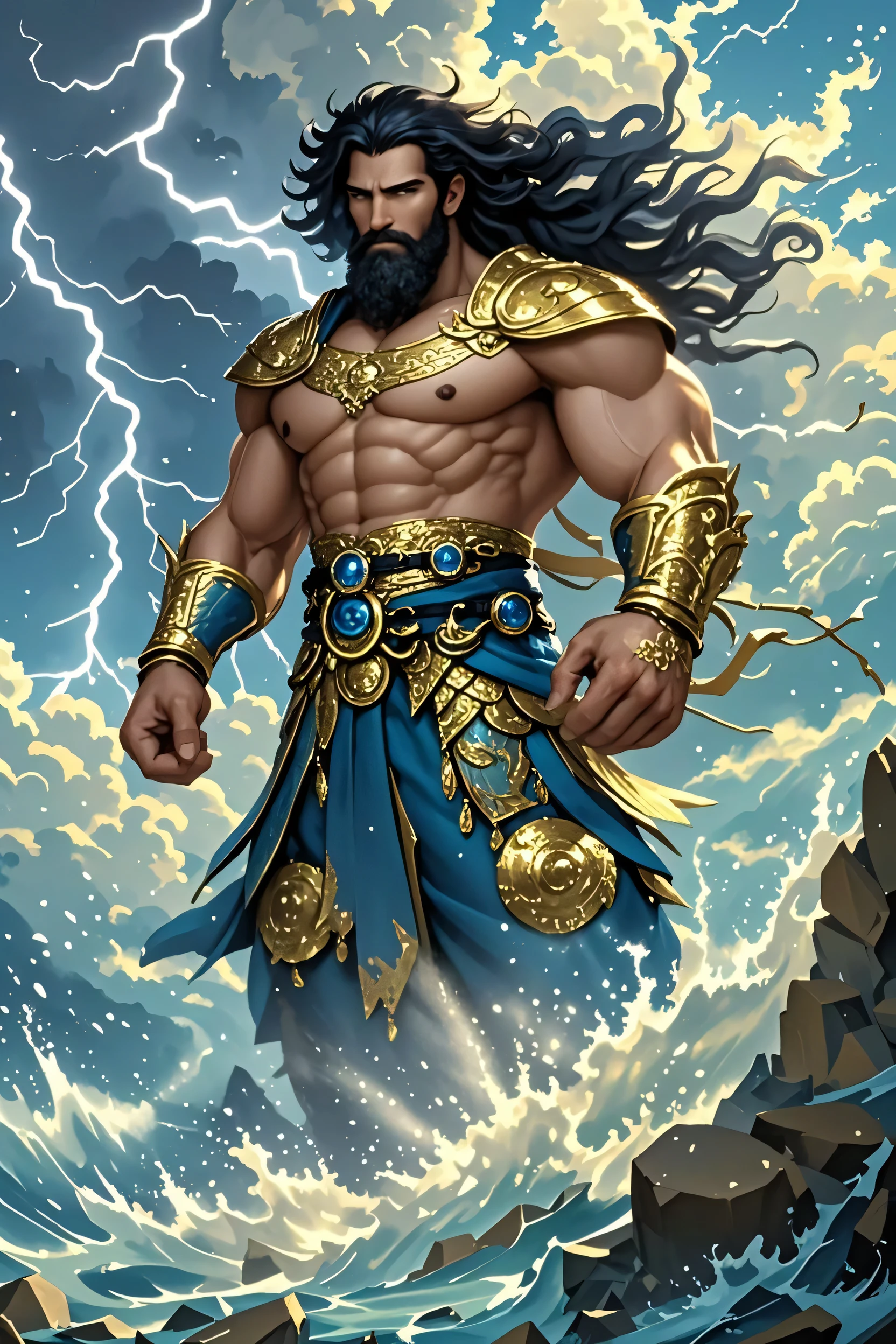 A man like Persian king Darius the Great, long black beard like Achaemenid Persian, Very long beards, angry, real quality like game, 4k, very muscular body, long black hair, two big black wings, iron scepter in hand, angry and angry, like God, like Persian king Darius, his face like super villain , the weather is stormy and rainy, he looks at the sky, high quality --auto