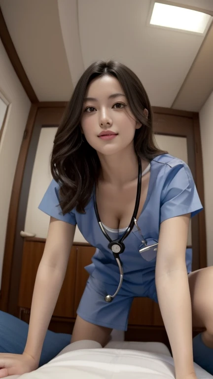 (highest quality、masterpiece:1.2)、super detailed、(photo-realistic:1.4)、Japanese、cute、25 years old、Looking out of the camera、random hairstyle、random facial expressions、Light blue nurse clothes、downblouse, light_particle、bright hospital、stand、(leaning forward)、You can see a little cleavage、A little bra is visible