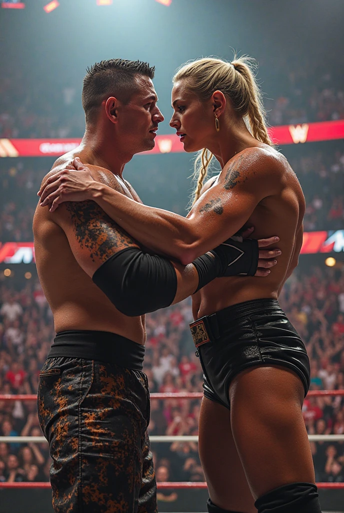 Young and beautiful blonde woman choke-slamming a giant man in a WWE wrestling ring.