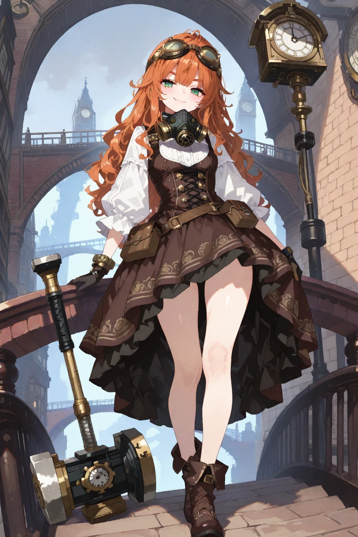 "A steampunk scene at a vintage train station. A woman with vibrant red hair, wearing a steampunk-inspired outfit entirely in petroleum blue leather and latex, including a small top hat with gears, a fitted leather corset, a high-low skirt, and thigh-high leather boots with steampunk details, sits confidently at the platform edge. She also wears black lace stockings. The train station is filled with Victorian-era machinery and gears, with a large steam locomotive in the background. The train is black and red with mechanical details, and the number '73' is clearly displayed on the front of the train. The atmosphere blends elegance and industrial aesthetics, with retro-futuristic elements and vibrant colors."