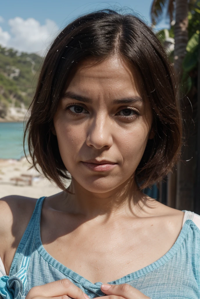 girl 30 years old against the backdrop of the sea facing the camera