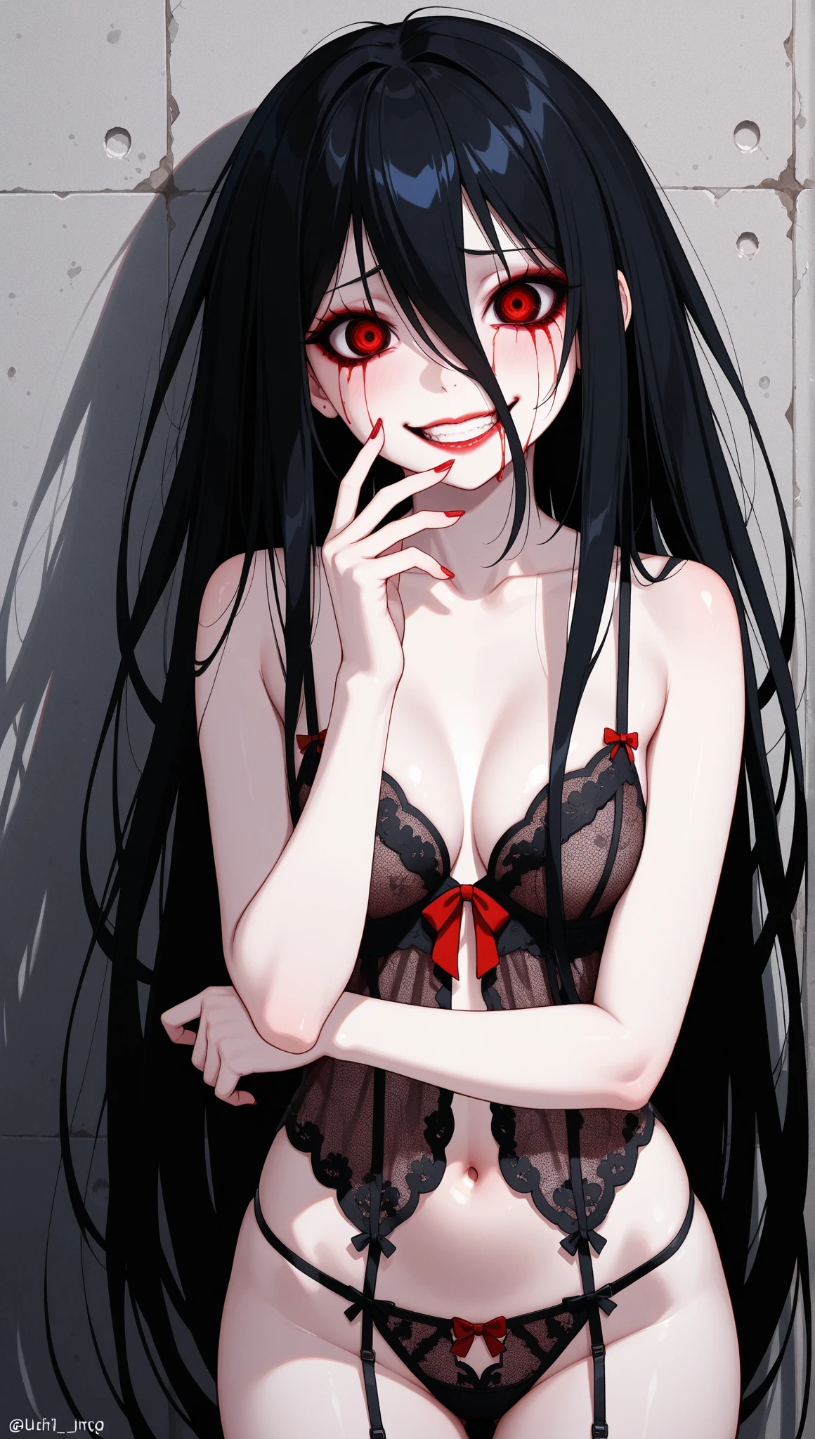 tmasterpiece,Need,1girll,walnuts(the original god),Bou Tao,bucket-hat,red - eyed,dual horsetail,A brown-haired,独奏,pupils in symbol shapes,long whitr hair,By bangs,Hand crossed waist,black transparent panties,No bra exposes the chest