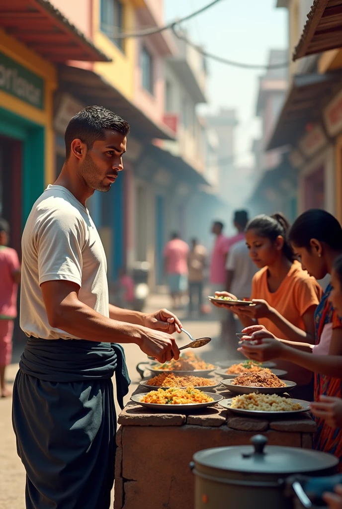 a hand drawn painting of an Indian young man cooking, a group of people standing near by, kids playing, 8k, sharp, detailed, vibrant, vivid