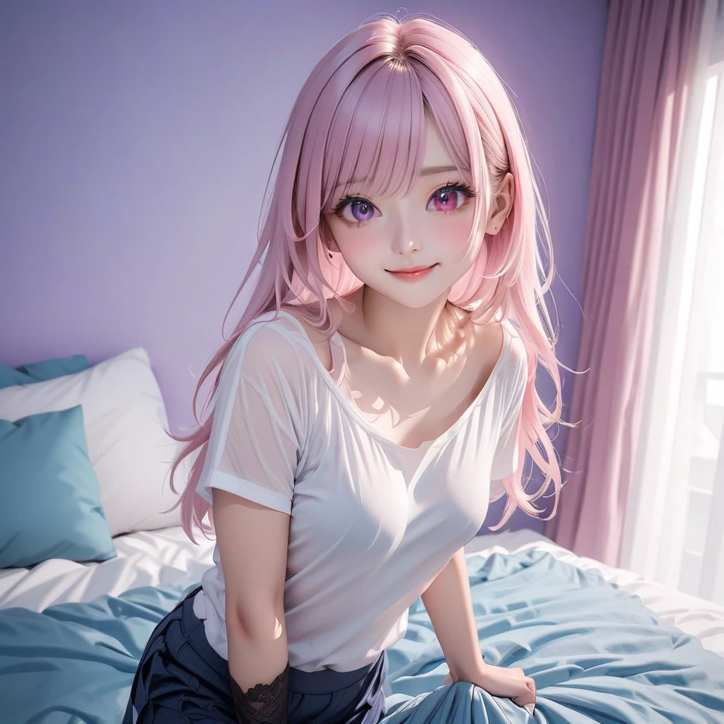 best quality, masterpiece, photorealistic, 1girl, 15 years old, Beautiful face, (photo realistic:1.3), rim lighting, (high detailed skin:1.2), 8k uhd, dslr, high quality, high resolution, 4k, 8k, Bokeh,  absurdres, best ratio four finger and one thumb, (realistic:1.3), cute 1girl, 1girl laying on a bed, a cute girl, very beautiful cosplay girl, anime style 4 k, beautiful cosplayer, ultra hd 8K, , ({minato aqua Cosplay}, {Cosplay of Aqua Minato hololive}, {hololive}, {Vtuber cosplay}), ({pink haired with light blue highlight hairstyle, pink hair}, {beautiful hair,} {realistic hair}), ({pink eyes}, {beautiful eyes}, {simetrical eyes}, {best proportion}, {Gently smile}, {natural make up}, {Cute Face}), ({best anatomy, best leg ???????, best, hand anatomy}, {medium breast}, {wearing white sweater}, {White sweater}, {Wearing black legging}, {Black Legging}, {no shoes}) ({Bed}, {white bed}, {Looking up, view from above})