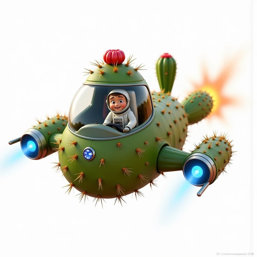 10 year old white boy with black hair dressed as an astronaut in green background  driving a spaceship happy face all body pixar style