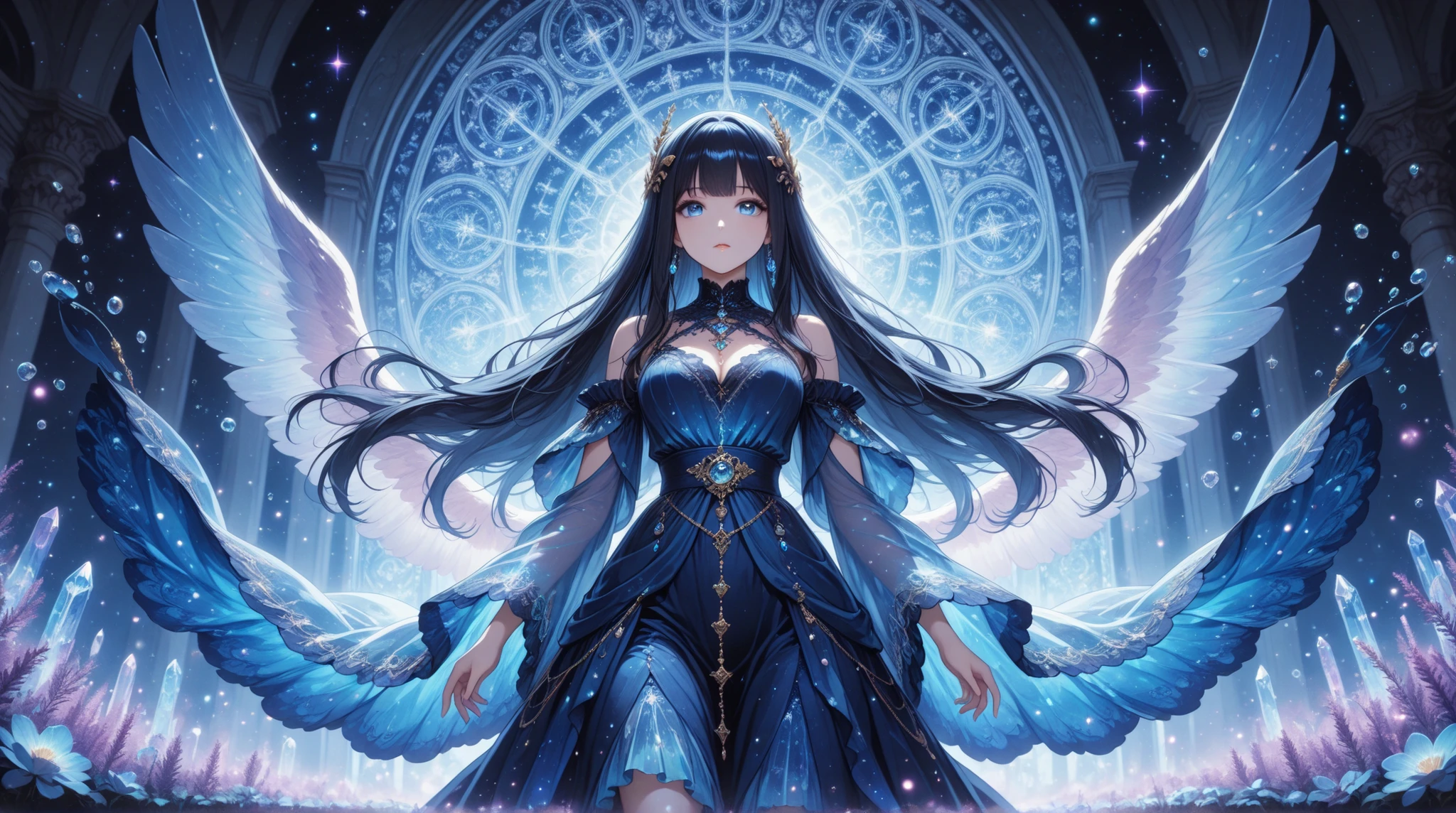 Above the rising clouds,Night, Dark, (Fantasy),infinite,deep blue sky,The abyss of knowledge,Cowledge,((masutepiece)), (((Best Quality))),((Beautiful fine eyes)),(Eye lashes)、Realistic clouds、Very beautiful face、The ultra -The high-definition、high fantasy castle、Beautiful girl riding on the shoulders of a golem、(女の子1人)、Black hair、The long-haired、abyss eyes、glowy skin、oils、small tits、Perfect human body structure、Wizard robes、der riese、tattered cloth、Realistic coat、Teenchi、Super delicate CG Unity 32k wallpaper、photoRealstic、masterpiece, ((ultra-detailliert)), ((illustratio)),colourfull,wall-paper,The energy,Unknown terror,Incomprehensible,Around the magic,Magical surroundings,magic wands,Boken,Flying pages,Know everything,Predict the future、Get to know the past、Infinite wisdom、blue flames、Warlock、magic circles、Pentagram、Spells、mantra、Singing magic