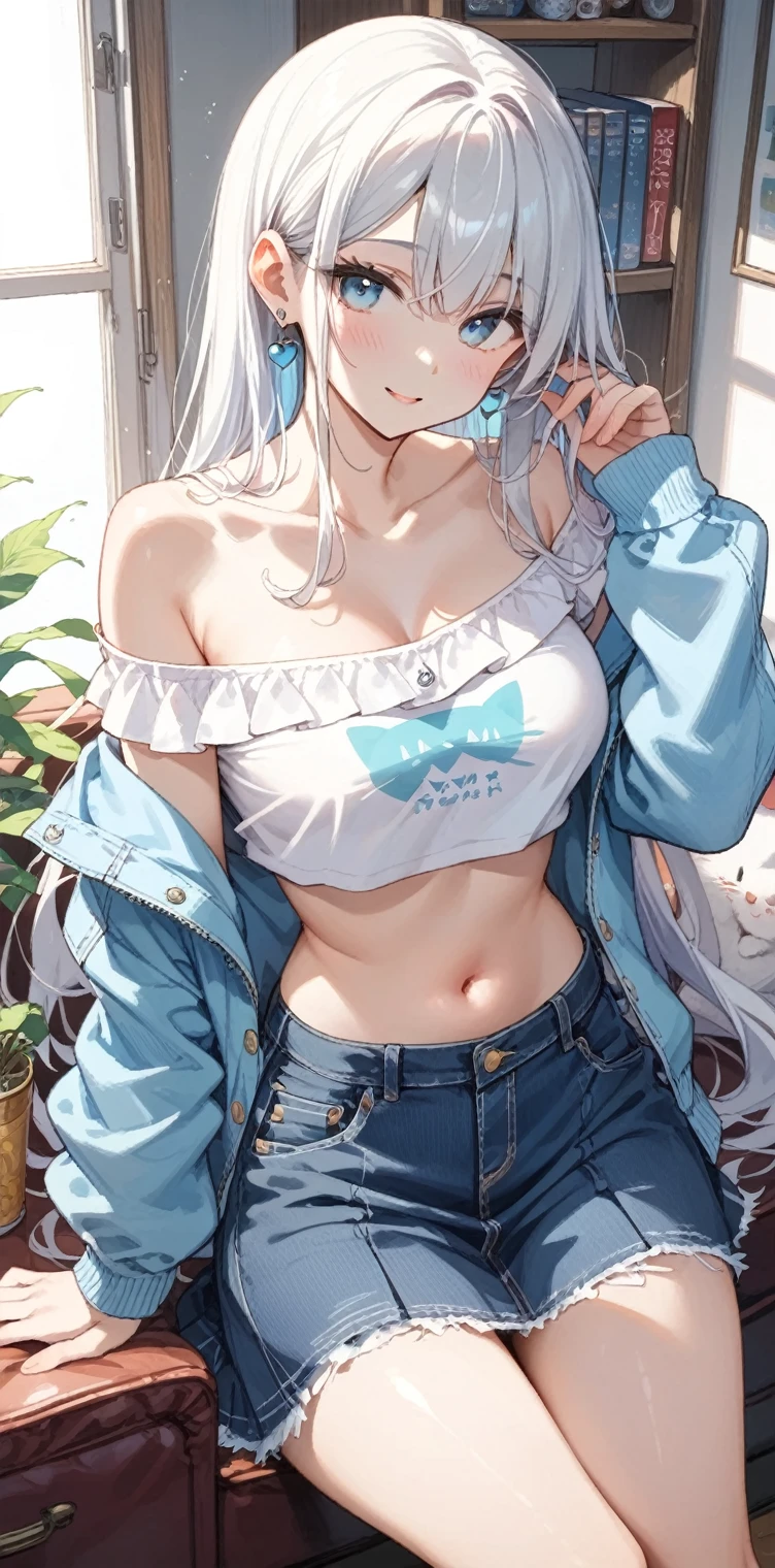 high-key and low-variance brightness scale,soft light,realistic light and shadow, light and dark interlaced,(from below:1.3),underboob focus,looking at viewer,dramatic angle,(solo:1.6)
(masterpiece),(best quality),(highres),(by famous artist),(((official art))),(by Paul Hedley),(illustration),
1girl,(frieren:1.6),(elf:1.4),fashionable female
(small breasts:1.3),(underboob:1.5),(whole body),(round face),(pointy ears),(slim legs),(skinny body),(detailed beautiful face),lustrous skin,shiny skin,(articulated fingers),navel,midriff,thick lips
(white tank top:1.4),(thong:1.4),(frayed denim shorts),(white socks),(sport shoes),(off shoulders),(belly chain),belt,hair ornament,heart-shaped earrings,silver bracelet,black choker
indoor,(clothing store:1.4),(multiple clothes),small items on display,various accessories,jewelry,earrings,makeup,collarbone necklace,headpiece,
((seductive smile)),blush,((standing)),bent over,hand on hip,(Blowing A Kiss From single Hand :1.6),
(sunglasses:1.2),(green eyes)
(white hair),long hair,twintails,parted bangs,(reflective hair),