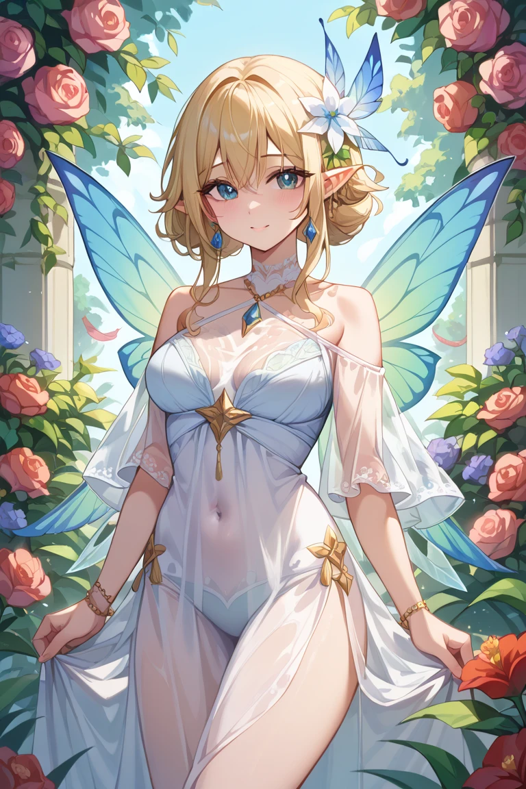 work of art, ultra creative, epic details, ultra detaild, best resolution, Woman, blonde, (Beautiful nymph), crown with crystals ((rosto angelical)), sculptural body, clothes made with green leaves, ((perfect hands))), scenario:Enchanted Forest, (supper: running among the roses, wildflowers),  no mistakes, (((epic details na face))), (((ultra perfect eyes)))