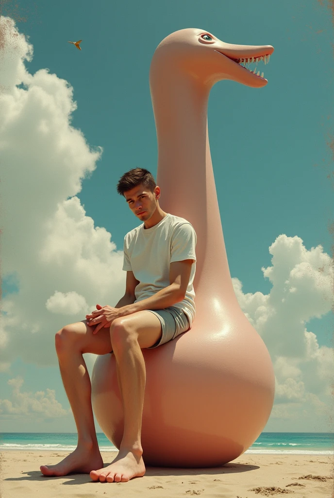Simple white background，A male teenager sits sideways on a huge pearl，huge white pearl，Huge shells