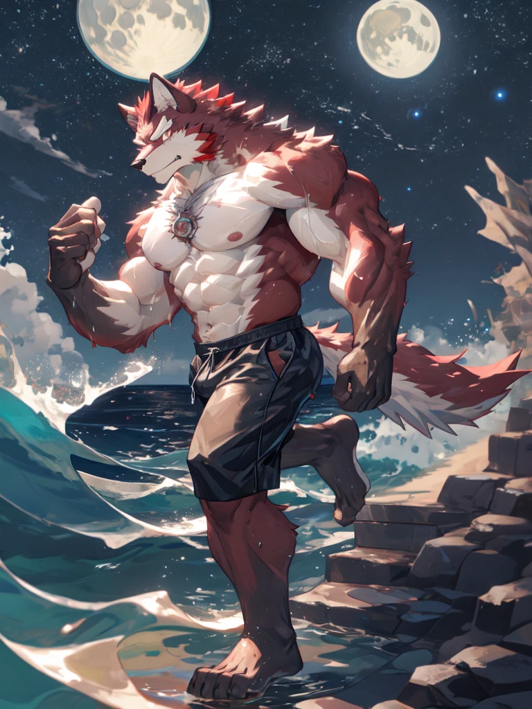 ((best quality)), ((masterpiece)), (ultra detailed), perfect face,antro baize:2.5, male , ((deep-crimson fur)), (strong beefy muscular body), ((abs, strongmuscles, 8 pack)), furry, handsome,Beautiful and delicate eyes, (ultra detailed eyes, (yellow):0.1 eyes, sharp eyes), detailed scene,(huge bulge),full body, reflection, shirtless, topless, pink nipples, (by null-ghost,by traver009,by lindong,by pino daeni), (full body), wearing random pattern necklace, claws, ((fluffy fur, fluffy, furry body)), (5 fingers), (qilin, with a pair of dragon antler), majestic, wind blowing, ((white belly), ((1 long tail)), big fellow, muscular male, (Wear blue Hanfu), fluffy chest hair, handsome,Delicate canine teeth, hairy, male,bathing, アニメ, by the waterfall, full body view, sweating:1.8