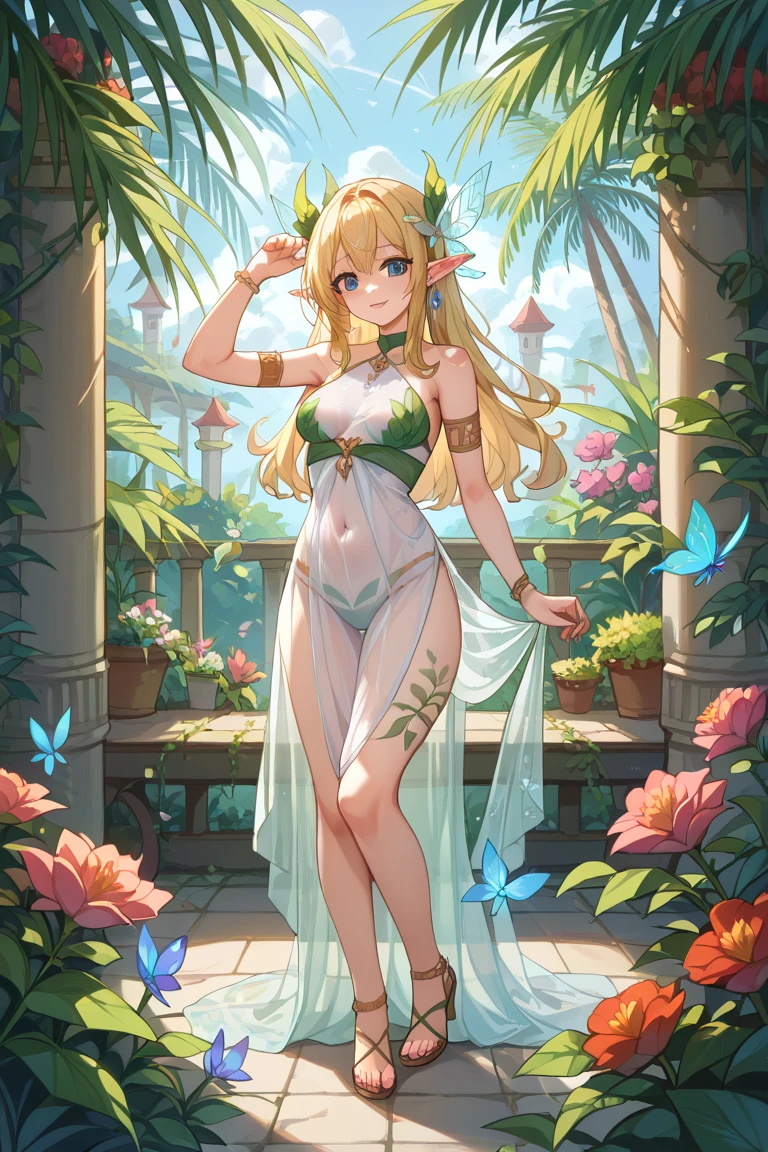 (((Green slingshot swimsuit))),(Nun cap),(gigantic cleavage breasts:1.5),(nakeness),(legs above head),(White background),coiffed blonde hair,greene eyes,Raise both hands,bare-legged,The barefoot,