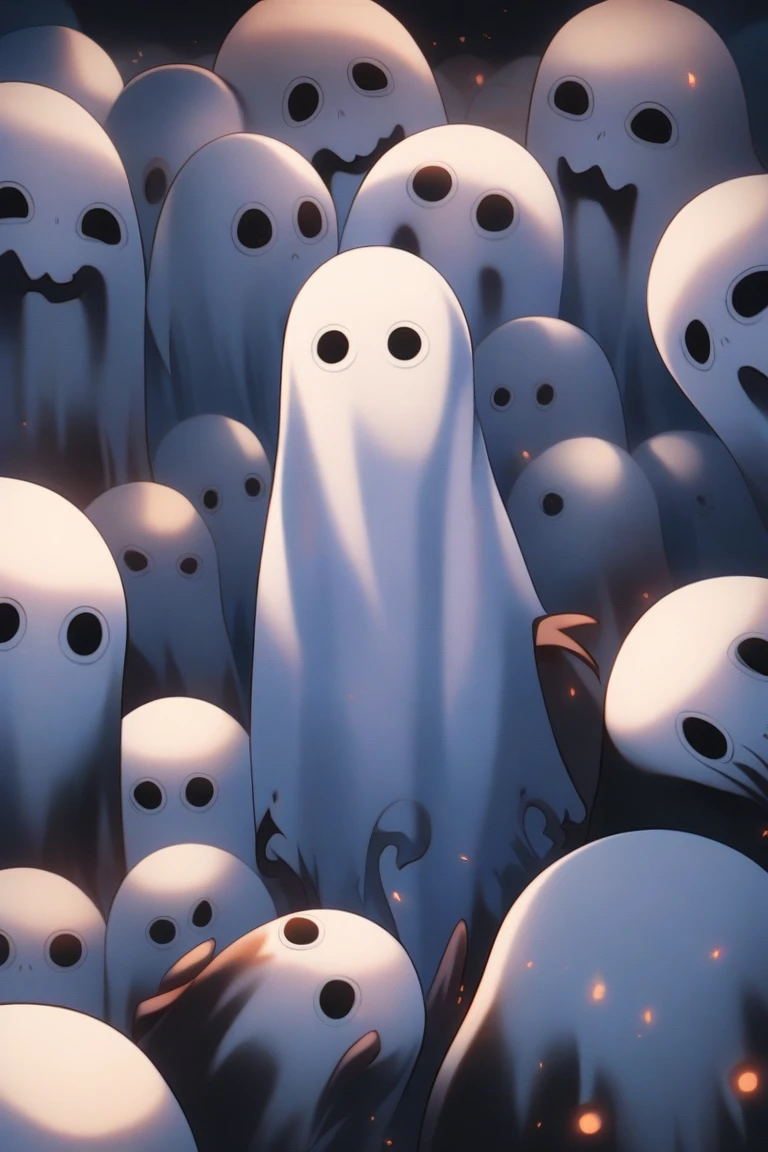 a close up of a group of ghost heads with angel wings, halloween wallpaper with ghosts, ghosts, ghostly spirits, ghost faces, scary ghost, cute funny ghost, ghosts night sky, ghostly, ghostly ghost, ghostly figures, Soul Flying, floating ghost, transparent ghost screaming, A sad expression, ghost, ghosts theme, phantom ghosts in the background, ghostly silhouettes