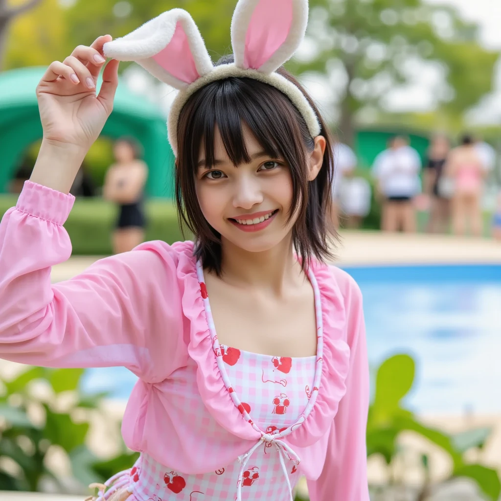 Tokyo Disney City〜, highest quality, realistic, Super detailed, finely, High resolution, (8K), 1 beautiful woman,, light brown messy hair, She is wearing a punk t-shirt and bikini.), sharp focus, perfect dynamic composition, beautiful and detailed eyes, thin hair, Detailed realistic skin texture, smile, , model body、(Full body to toes:1.4)、((Mickey's Ears))、(cloud level shot)、(side standing、looking forward to it)、(白い歯を見せるsmile)、(side shot)、(Mickey Mouse)、(Minnie Mouse)、(with)、