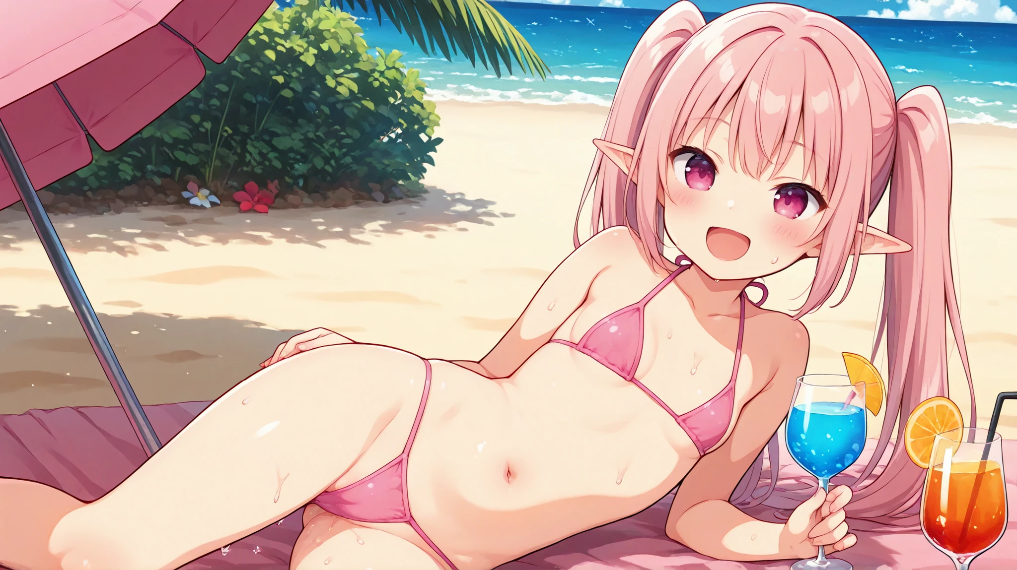 neon pink thong bikini, elf girl, small breast, beach, sunshine, sand, umbrella, happy, sweat, cocktail glass