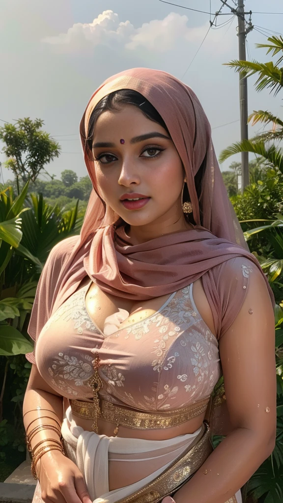 best masterpiece, high quality, 8k high resolution, clear detailed images, ultra detailed, realistic quality, beautiful sexy Indian woman, wearing a hijab, sexy big breasts, wearing a long sleeved shirt, wearing thongs, detailed face, body details, image details