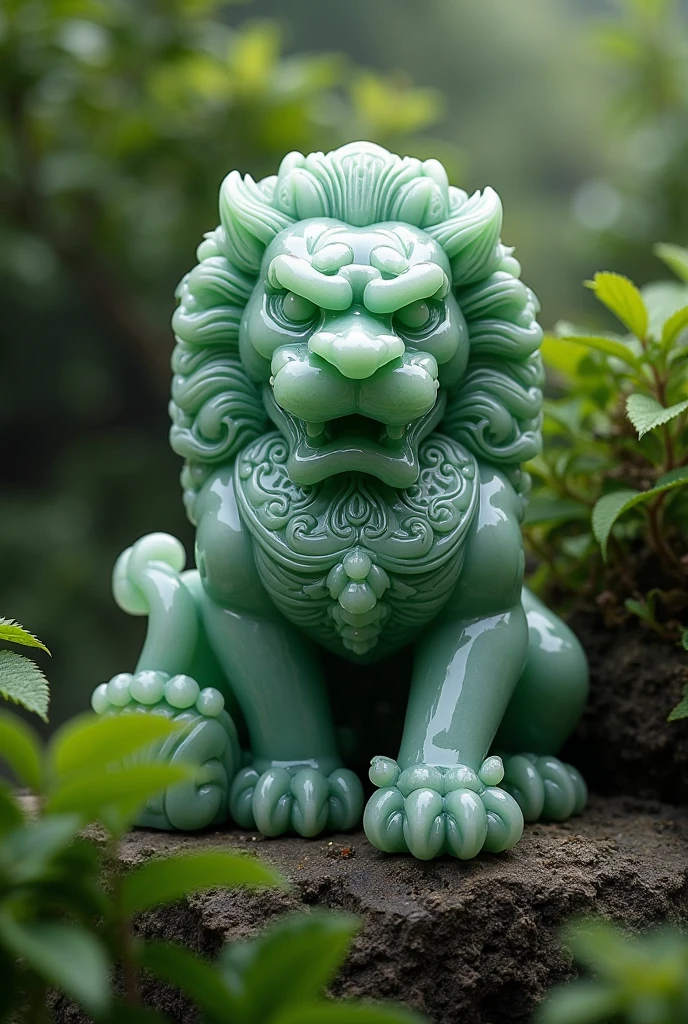 Chinese Mythological Granite Statue A Chinese Manchurian Lion Jade Bead Necklace. Cascade Fontaine Koï et Lotus.