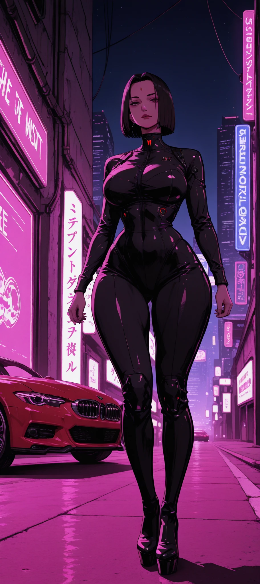 1girl, solo, breasts, dark_skin, dark-skinned_female, straight_hair, black_hair, hair between eyes, shiny, shiny_hair, lips, parted_lips, brown_eyes, huge_natural_breasts, eyelashes, big_lips, very_long_hair, mole, mole on chest, very dark-skinned female, short woman, age up, chubby female, chubby girl, highly detailed, clear focus, chubby, chubby woman, high quality, best quality, 8k, happy, latin girl, catwoman cosplay, catwoman suit, night scene, full body, sexy, open clothes, neckline