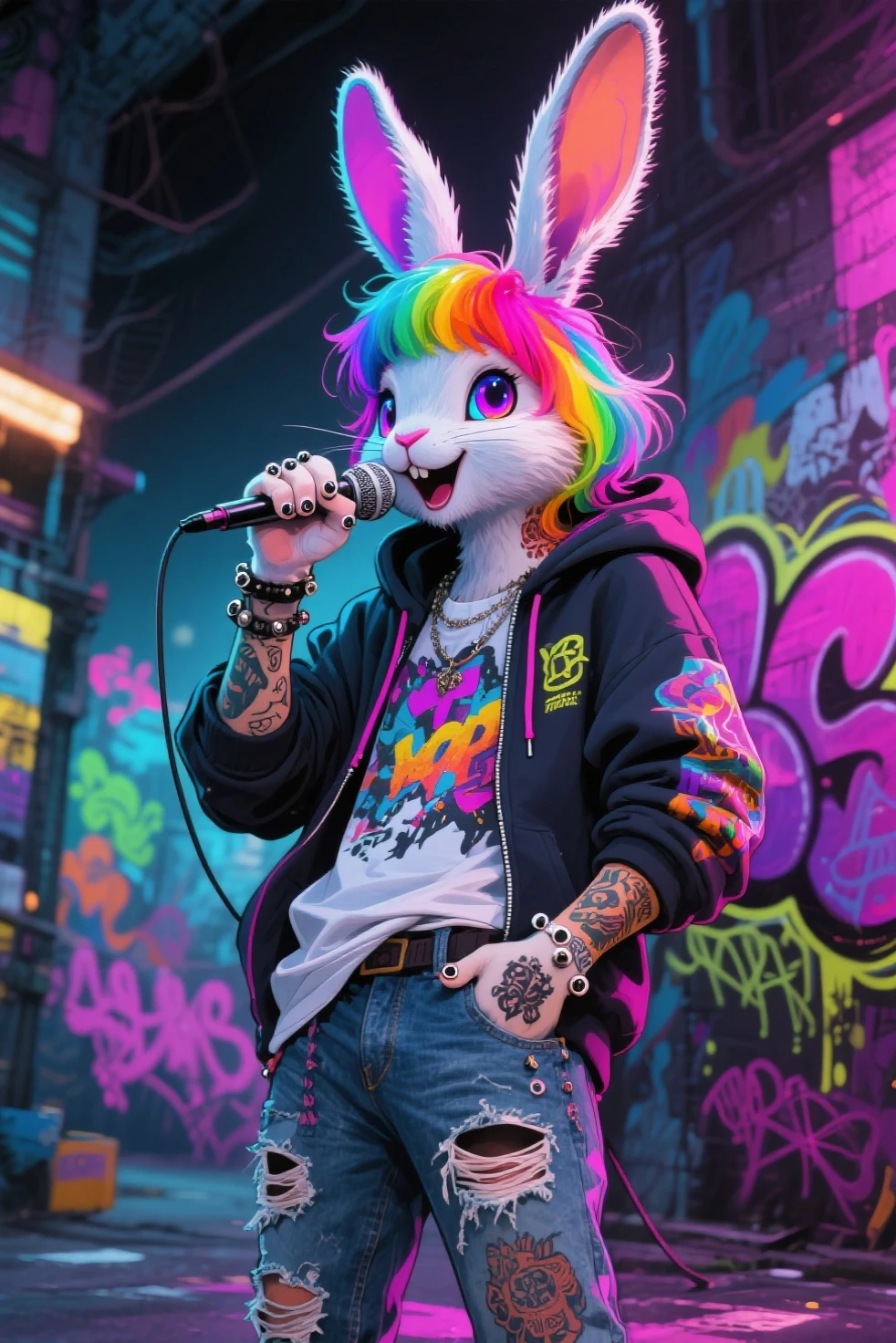 Stylish portrait of Khris Tia, a (viera:1.3) boy with (pink hair:1.2) and (rabbit ears:1.5), wearing (sunglasses:1.1) and (black gloves:1.2). He sports a fashionable (jacket:1.1) and a (red plaid skirt:1.3), adorned with (jewelry:1.2) and (earrings:1.2). His long hair flows elegantly, lips slightly parted, confident pose, vibrant colors, high detail, by (Annie Leibovitz:1.4), chic urban setting, soft lighting